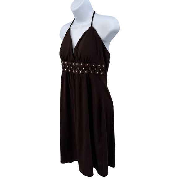 My Michelle Brown Boho Halter Dress WMNS L Knitted Empire Waist Open Back Mini - Picture 3 of 11